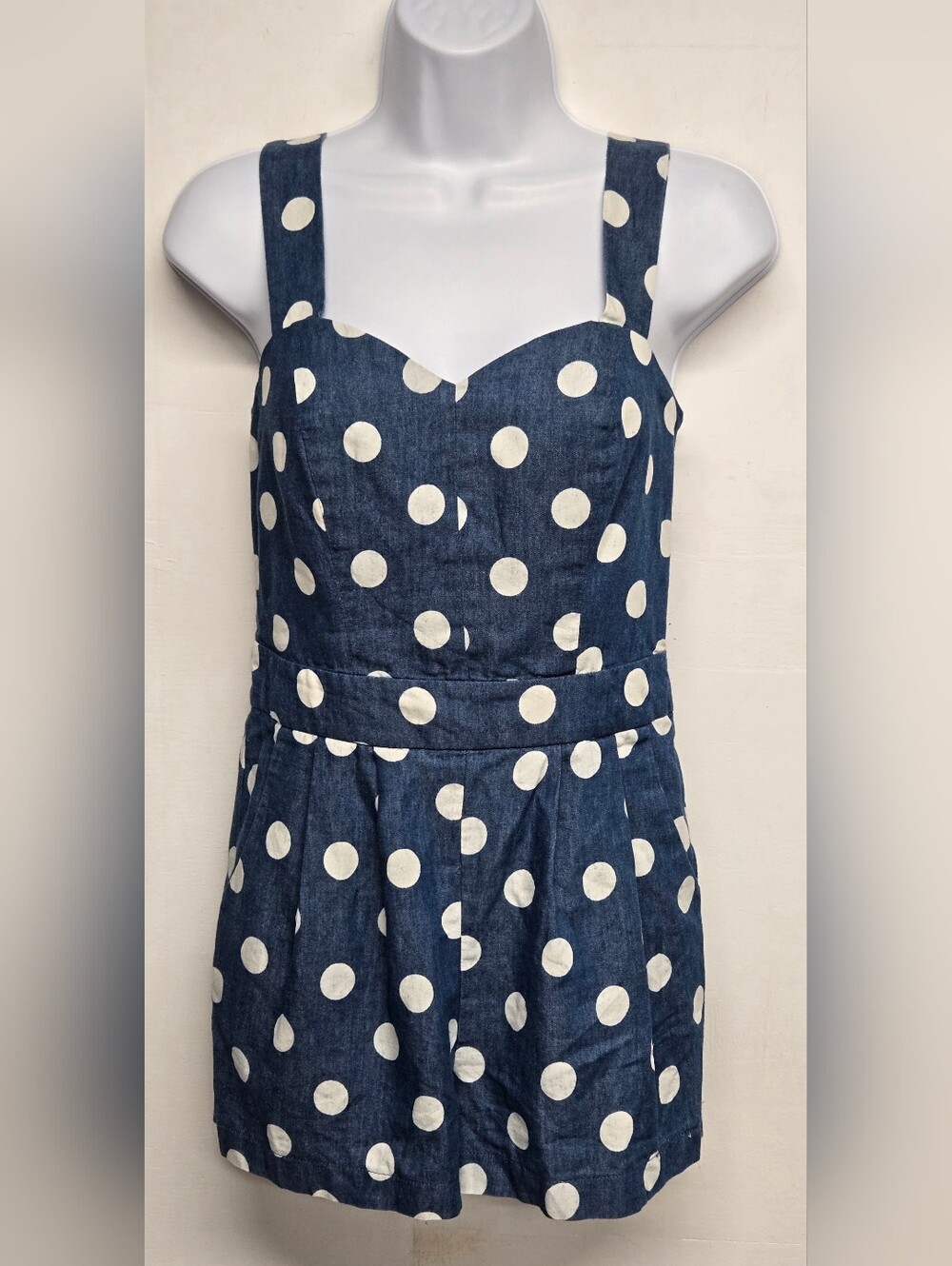 Monteau Los Angeles S Lightweight Denim Romper Polka Dots Pockets Pleats